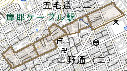 薬師通とその周辺の地図。町の範囲を重ねている