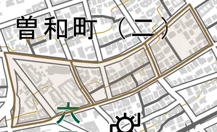 山田町とその周辺の地図。町の範囲を重ねている