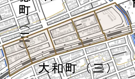 弓木町とその周辺の地図。町の範囲を重ねている