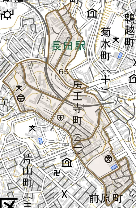 房王寺町とその周辺の地図。町の範囲を重ねている
