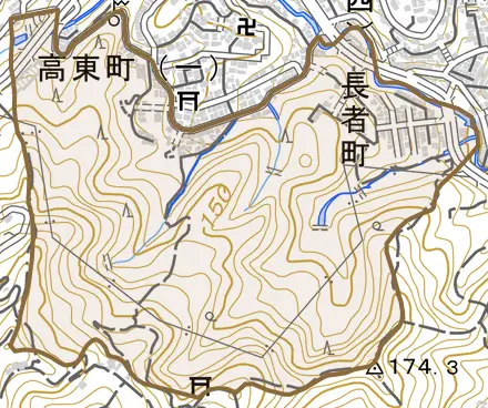 長者町とその周辺の地図。町の範囲を重ねている