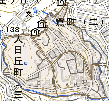 大日丘町とその周辺の地図。町の範囲を重ねている