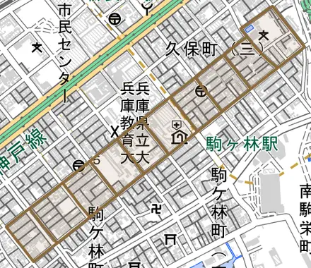 二葉町とその周辺の地図。町の範囲を重ねている