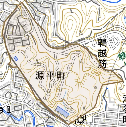 源平町とその周辺の地図。町の範囲を重ねている