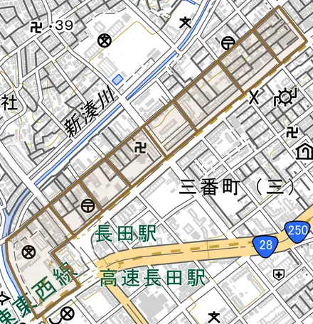 五番町とその周辺の地図。町の範囲を重ねている