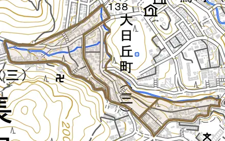 萩乃町とその周辺の地図。町の範囲を重ねている