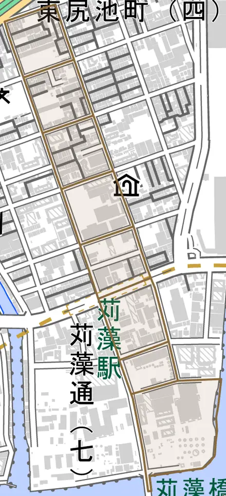 浜添通とその周辺の地図。町の範囲を重ねている