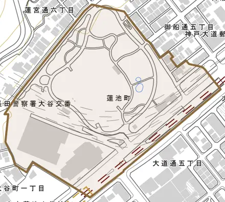 蓮池町とその周辺の地図。町の範囲を重ねている