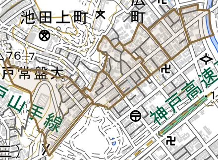 蓮宮通とその周辺の地図。町の範囲を重ねている