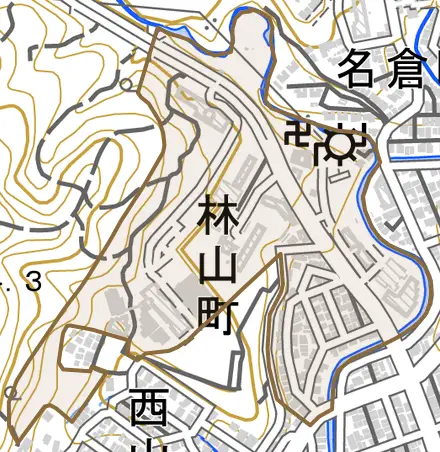 林山町とその周辺の地図。町の範囲を重ねている