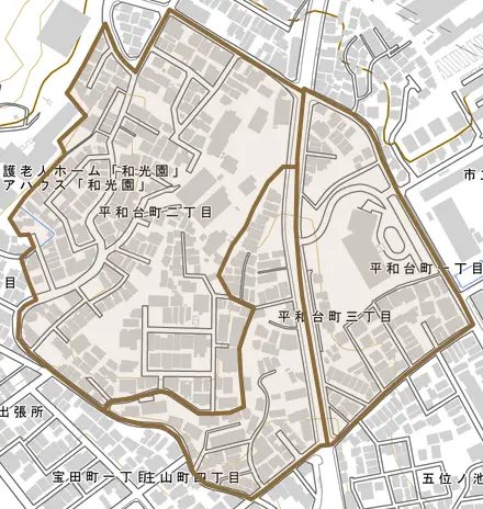 平和台町とその周辺の地図。町の範囲を重ねている