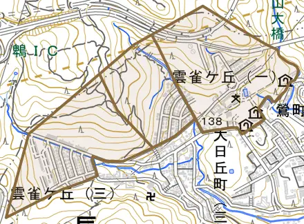 雲雀ケ丘とその周辺の地図。町の範囲を重ねている