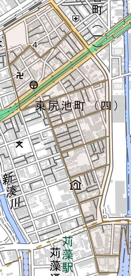 東尻池町とその周辺の地図。町の範囲を重ねている