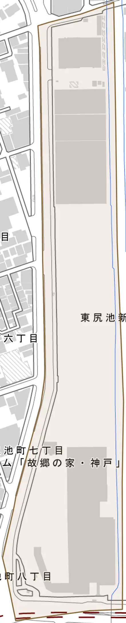 東尻池新町とその周辺の地図。町の範囲を重ねている