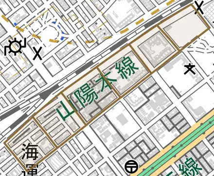 日吉町とその周辺の地図。町の範囲を重ねている