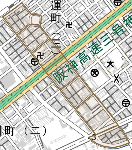 本庄町とその周辺の地図。町の範囲を重ねている
