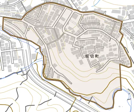 堀切町とその周辺の地図。町の範囲を重ねている