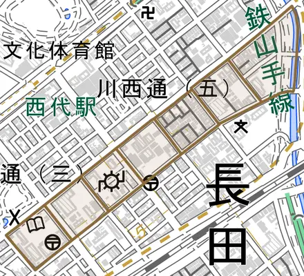 細田町とその周辺の地図。町の範囲を重ねている