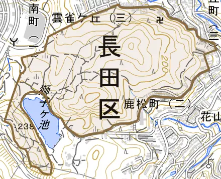 一里山町とその周辺の地図。町の範囲を重ねている