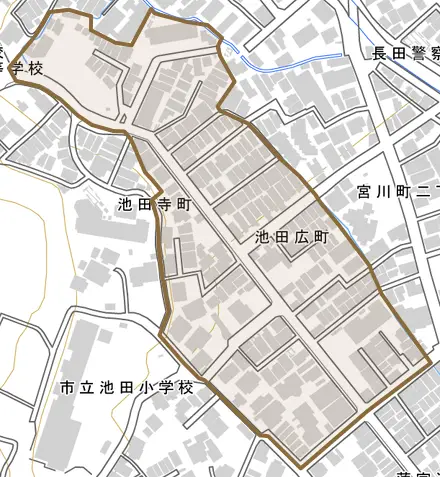 池田広町とその周辺の地図。町の範囲を重ねている
