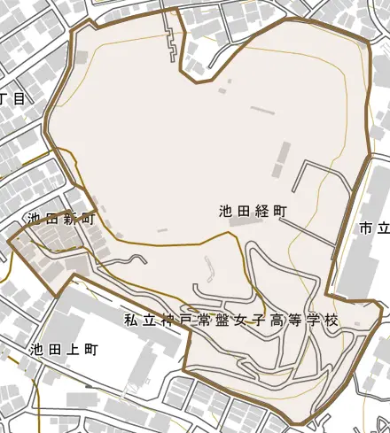 池田経町とその周辺の地図。町の範囲を重ねている