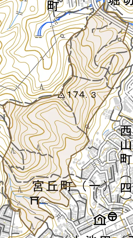 池田宮町とその周辺の地図。町の範囲を重ねている