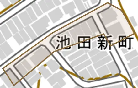 池田新町とその周辺の地図。町の範囲を重ねている