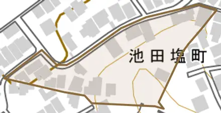 池田塩町とその周辺の地図。町の範囲を重ねている