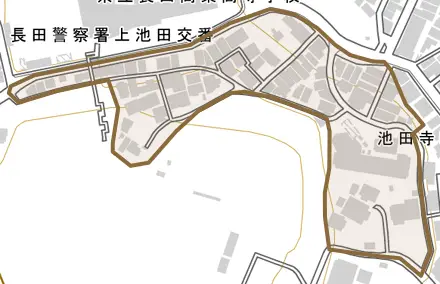 池田寺町とその周辺の地図。町の範囲を重ねている