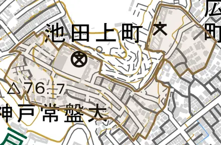 池田上町とその周辺の地図。町の範囲を重ねている