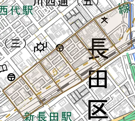 神楽町とその周辺の地図。町の範囲を重ねている