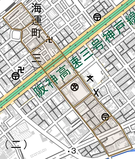 海運町とその周辺の地図。町の範囲を重ねている