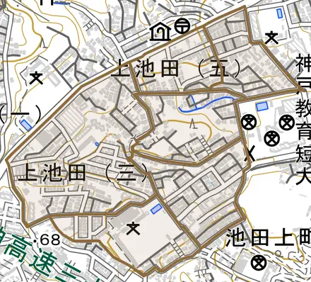 上池田とその周辺の地図。町の範囲を重ねている