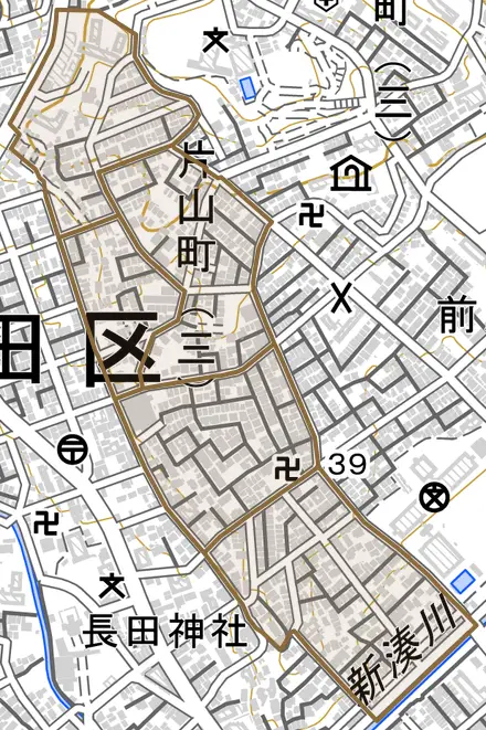 片山町とその周辺の地図。町の範囲を重ねている