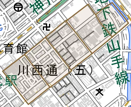 川西通とその周辺の地図。町の範囲を重ねている