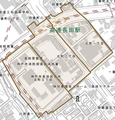 北町とその周辺の地図。町の範囲を重ねている
