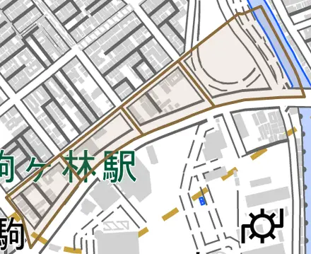 駒栄町とその周辺の地図。町の範囲を重ねている