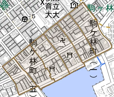 駒ケ林町とその周辺の地図。町の範囲を重ねている