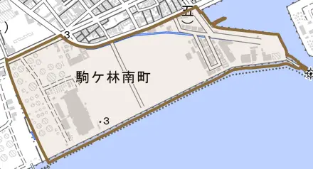 駒ケ林南町とその周辺の地図。町の範囲を重ねている