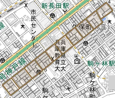 久保町とその周辺の地図。町の範囲を重ねている
