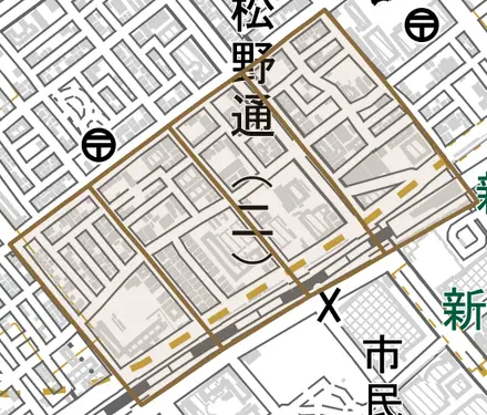 松野通とその周辺の地図。町の範囲を重ねている