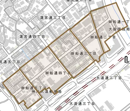 御船通とその周辺の地図。町の範囲を重ねている