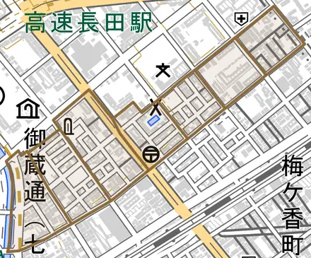 御蔵通とその周辺の地図。町の範囲を重ねている