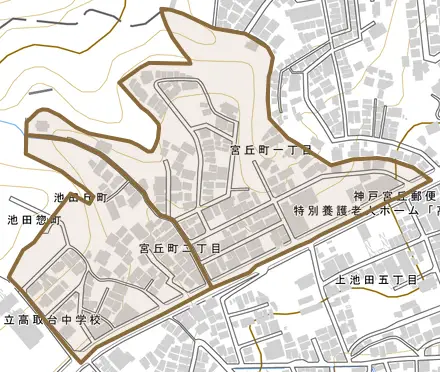 宮丘町とその周辺の地図。町の範囲を重ねている