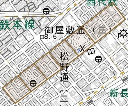 水笠通とその周辺の地図。町の範囲を重ねている