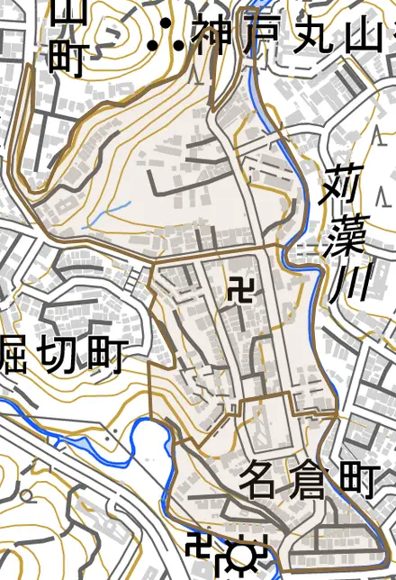 明泉寺町とその周辺の地図。町の範囲を重ねている