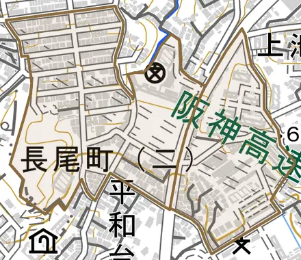 長尾町とその周辺の地図。町の範囲を重ねている
