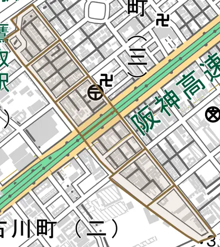 長楽町とその周辺の地図。町の範囲を重ねている