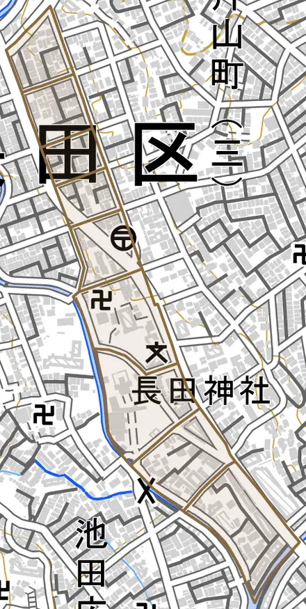 長田町とその周辺の地図。町の範囲を重ねている