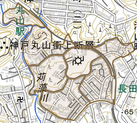 長田天神町とその周辺の地図。町の範囲を重ねている